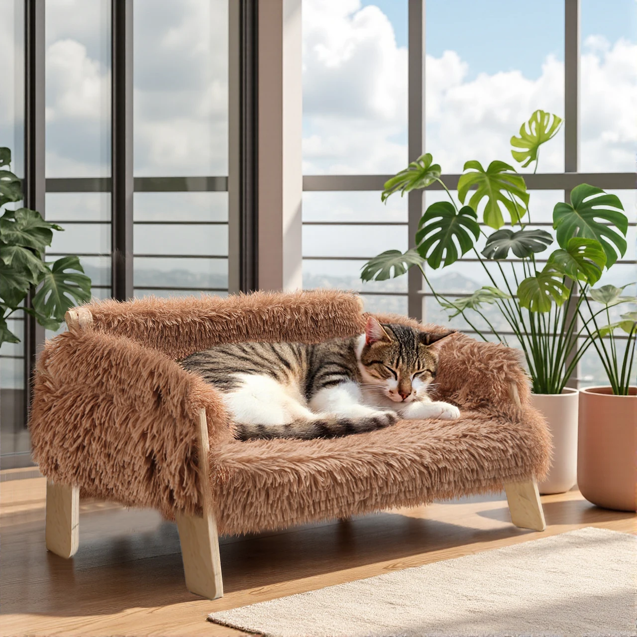 Purr-fect Plush Cat Sofa Bed – Elevated with Cozy, Soft Retreat and Sturdy Wooden Legs