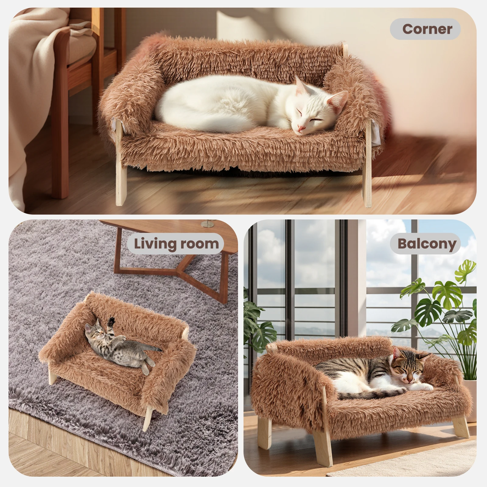 Purr-fect Plush Cat Sofa Bed – Elevated with Cozy, Soft Retreat and Sturdy Wooden Legs - Image 4